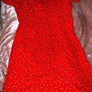 Revamped strapless dress very cute color red with small white flowers so comfy